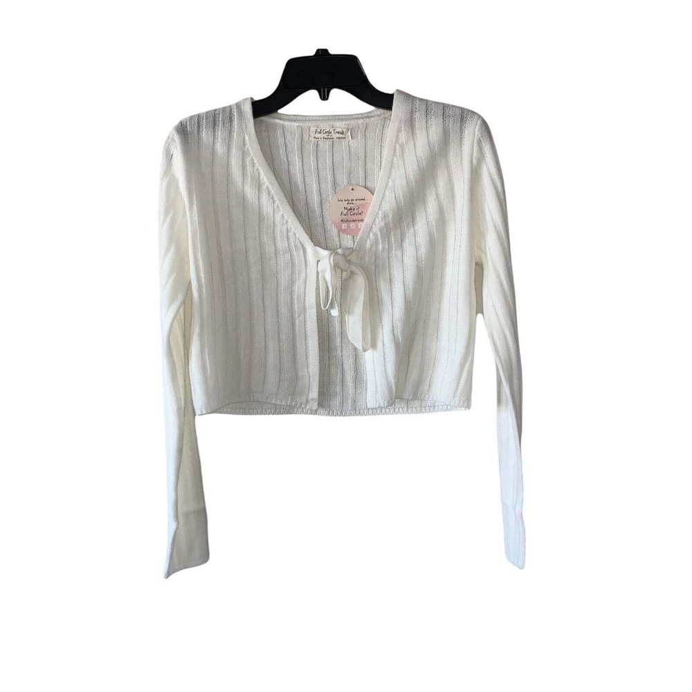 Full Circle Trends Juniors V-Neck Tie Front Sweater Size Medium White